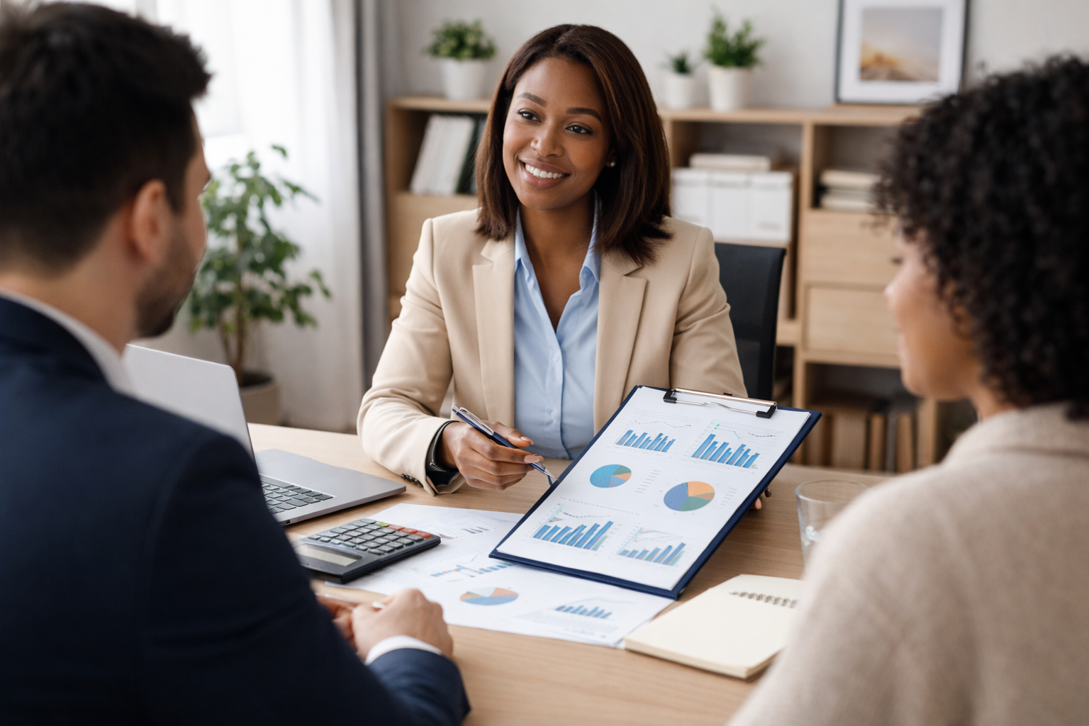 Financial advisor reviewing charts and data with clients during a business consultation